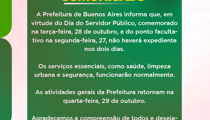 Comunicado: Feriado do Dia do Servidor Público será antecipado em Buenos Aires